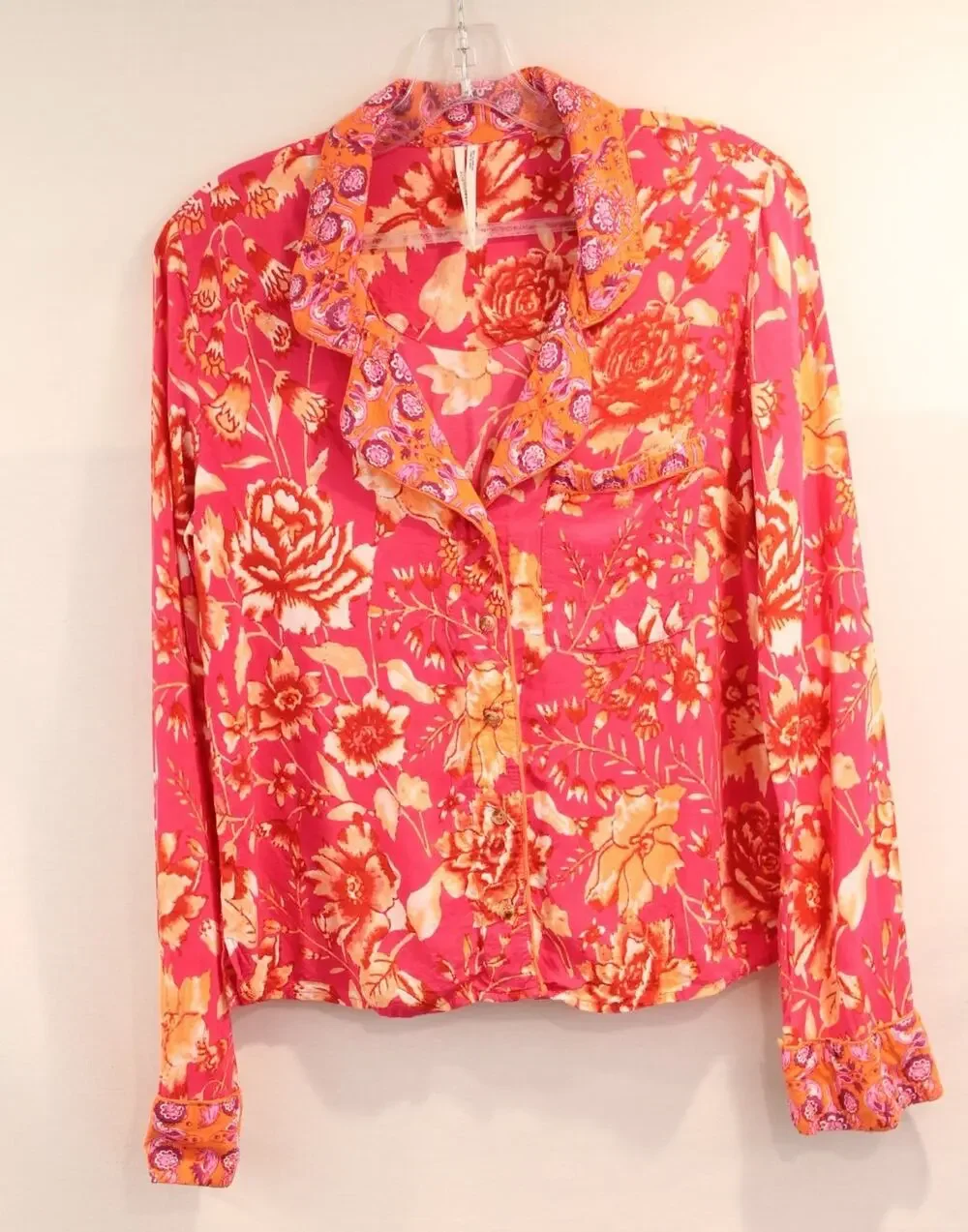 Anthropologie Kari Rayon Pajama Top Womens size S Pink Floral Mix Patchwork Trim